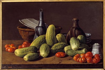 Bodegón: pepinos, tomates y recipientes de Luis Egidio Menendez or Melendez