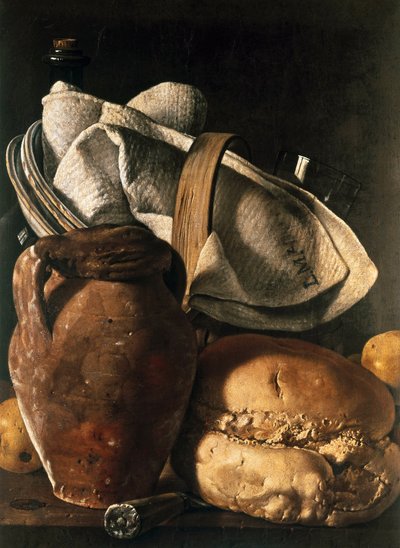 Bodegón de paño de cocina, jarra y pan de Luis Egidio Menendez or Melendez