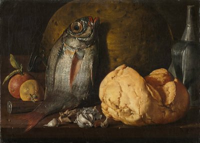 Naturaleza muerta con pescado, pan y tetera, c. 1772 de Luis Egidio Melendez