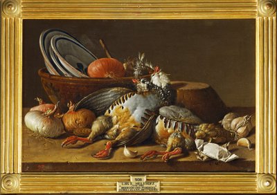 Bodegón con dos perdices, cebollas y utensilios de cocina ... (pintura sobre lienzo) de Luis Menendez or Melendez