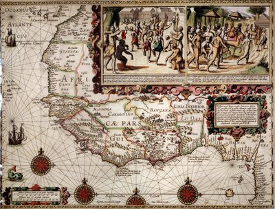 Mapa geográfico de Guinea hecho por el cartógrafo Luis Teixera (o Teixeira), aproximadamente 1586. En la parte superior derecha, representación de una escena de baile entre los indígenas (africanos). de Luis Teixeira