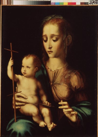 Madonna y el niño con una rueca (Madonna and Child with a Rueca). Pintura de Luis de Morales (1509/20-1586), hacia 1570. Arte español, estilo manierista. Museo del Hermitage, San Petersburgo. de Luis de Morales
