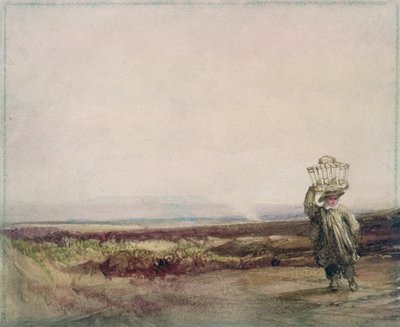 Un niño llevando una canasta en su cabeza, en un paisaje de páramo de Luke Clennell