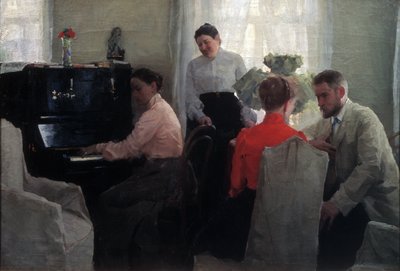 The Pretender (un joven cortejando bajo la supervisión de dos chaperonas, una de las cuales toca el piano) (Broom) - Pintura de Lukian Vasilyevich Popov (1873-1914), óleo sobre lienzo (54x80 cm) de Lukjan Vasilievich Popov