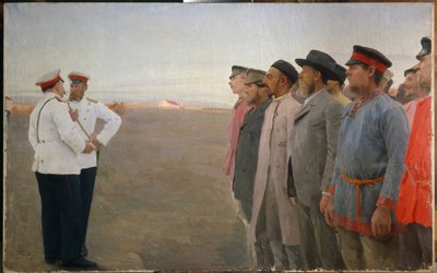 Reclutamiento - Pintura de Lukian Vasilyevich Popov (1873-1914), óleo sobre lienzo de Lukjan Vasilievich Popov