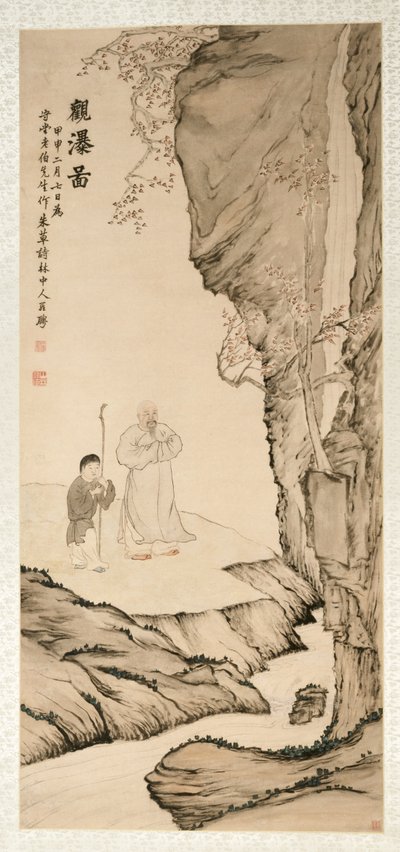Erudito Observando la Cascada, 1764 de Luo Ping