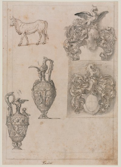 Diseño para dos jarrones, dos escudos y un toro (anverso) de Luzio Romano