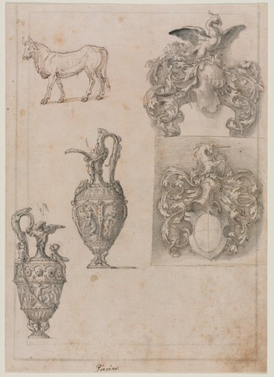 Diseño para dos jarrones, dos escudos de armas y un toro (anverso), mediados de 1500 de Luzio Romano