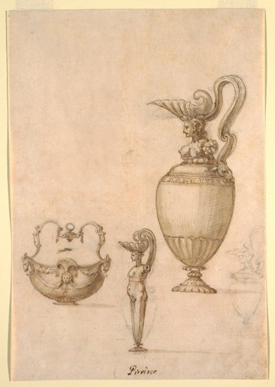 Diseños para dos jarras y un cuenco con asa oscilante de Luzio Romano