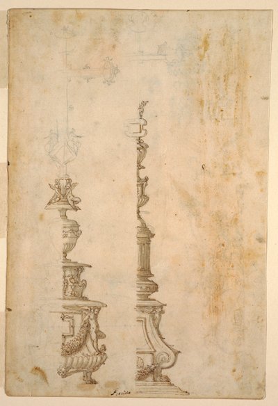 Dos diseños para bases de cruz de altar; verso, diseños para cinco proyectos de Luzio Romano