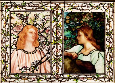 Primavera y otoño, fabricado por Tiffany Glass & Manufacturing Co., c.1892 (vidrio emplomado) de Lydia Field Emmett
