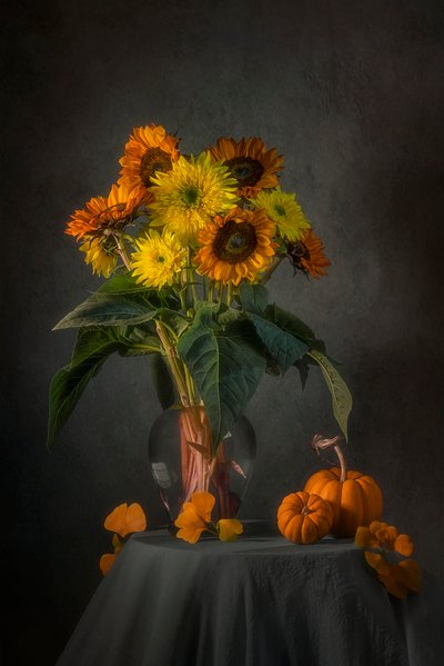 Girasoles y calabazas de otoño de Lydia Jacobs