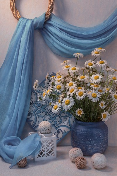Naturaleza muerta con margaritas azules frescas de Lydia Jacobs