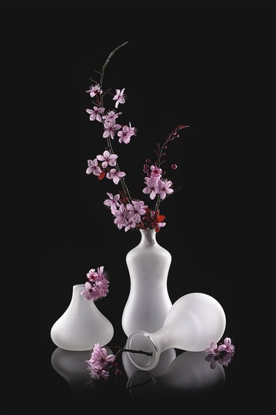 Jarrones esmerilados con flores rosas de Lydia Jacobs