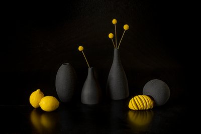 Limones amarillos y jarrones negros de Lydia Jacobs