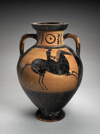 Ánfora de cuello de figuras negras con dos jinetes, 560-540 a.C. de Lydos (manner of)