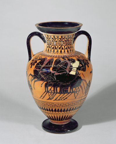 Ánfora de figuras negras áticas que representa un carro con ruedas, 520-500 a.C. de Lysippos