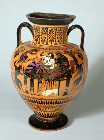 Ánfora de figuras negras que representa a Dionisio y Ariadna en un banquete, griega, 530-520 a.C. de Lysippos