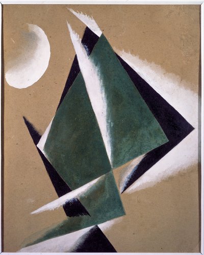 Construcción con media luna blanca. Obra de Lyubov (Lioubov) Sergeyevna Popova (1889-1924), gouache sobre cartón de Lyubov Sergeevna Popova