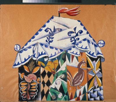 Boceto del telón de la obra ""Del papa y su ayuda de cámara Balda"", de Alexander Pushkin (1799-1837). Obra de Lyubov (Lioubov) Sergeyevna Popova (1889-1924), collage, gouache y bronce sobre papel de Lyubov Sergeevna Popova