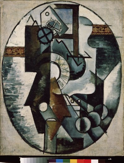 El reloj. Pintura de Lyubov (Lioubov) Sergeyevna Popova (1889-1924), óleo sobre lienzo y collage de Lyubov Sergeevna Popova