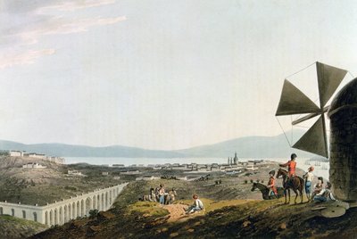 Lisboa y el acueducto de Alcántara, grabado por I. Clark de M. (after) Bradford