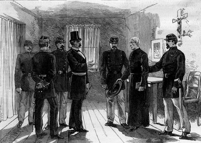 Deportación de los jesuitas de la Rue de Sèvres en París tras los decretos de marzo de 1880 emitidos por Jules Ferry que eliminan el derecho a enseñar a miembros de congregaciones religiosas no autorizadas: un padre jesuita aprehendido en su celda. 30 de j de M. (after) Ferdinandus