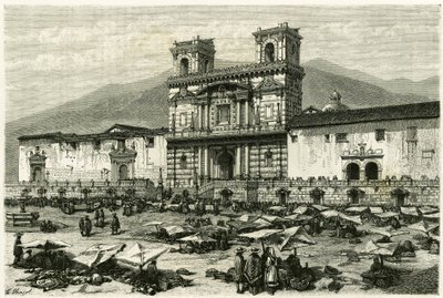 La Catedral de Quito (capital del actual Ecuador) y el entretenimiento popular en su plaza. Grabado por Clerget y Ferdinandus, para ilustrar la historia “América Equinoccial” de M. (after) Ferdinandus