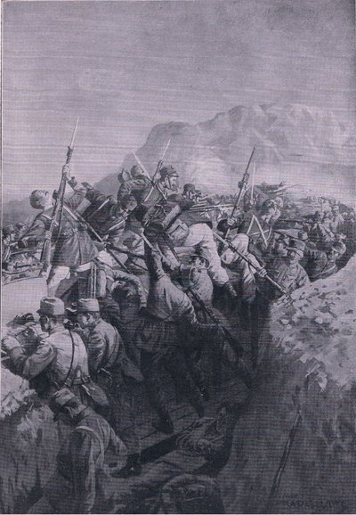 Ataque fallido de los italianos en las alturas de Doberdo, de La Historia Ilustrada de la Guerra Mundial 1914-1915 pub. por Union Berlagsefellfchaft de M. Barascudts