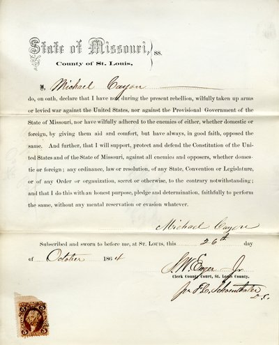 Juramento de lealtad de Michael Cayon de Missouri, Condado de St. Louis de M. Cayon