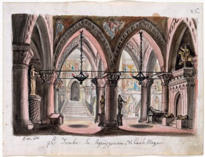 Le tombeau de Charlemagne a Aix-la-Chapelle - Escenografía para la Ópera Ernani de Giuseppe Verdi - M. Conti (1810-1886). Acuarela sobre papel Dimensiones : 22x29 cm The Morgan Library & Museum, Nueva York de M. Conti