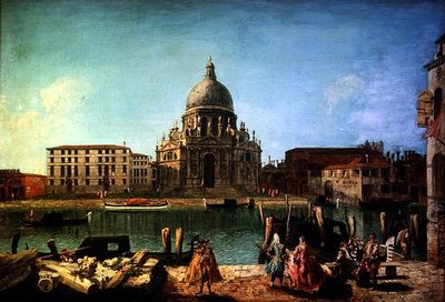 S. Maria della Salute desde el Rio de San Moise, Venecia, con nobles y gondoleros en primer plano de M. and Guardi G.A. Marieschi