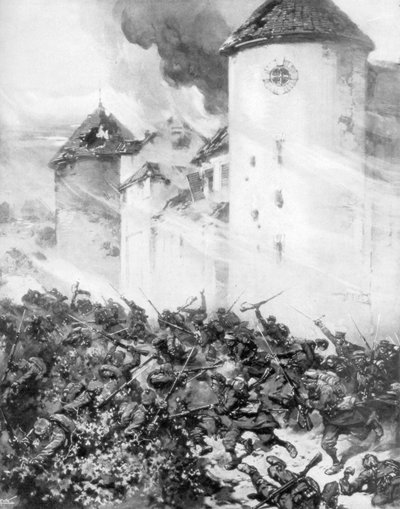 Batalla entre franceses y alemanes bajo los muros del Chateau de Mondement, Francia, 1914 de M. H. W. Koekkok