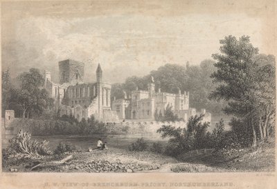 Vista noroeste del Priorato de Brenckburn, Northunberland; página 44 (Volumen Uno) de M. J. Starling