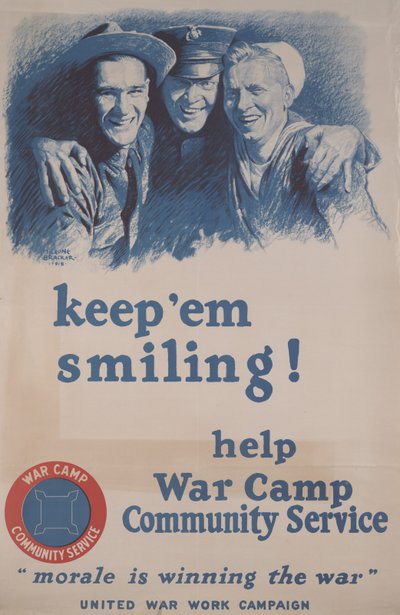 ¡Mantén la sonrisa! Ayuda al Servicio Comunitario del Campamento de Guerra. "La moral está ganando la guerra." de M. Leone Bracker