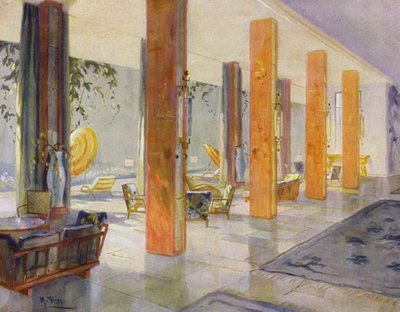 Interiores de los años 30: Salón jardín de un hotel de M. Stier