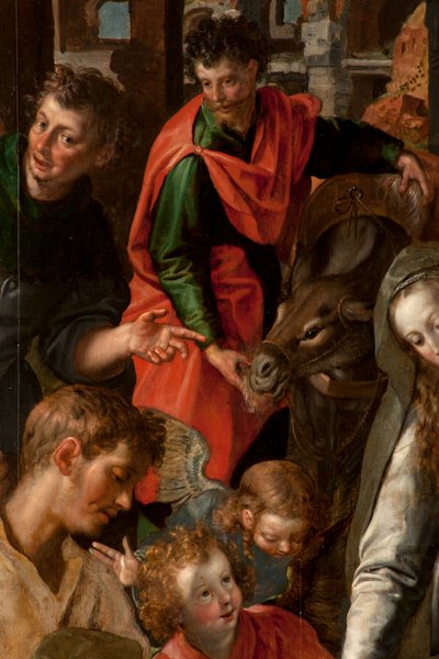 Adoración de los Magos, Tríptico, Panel central (detalle) de Maarten de Vos