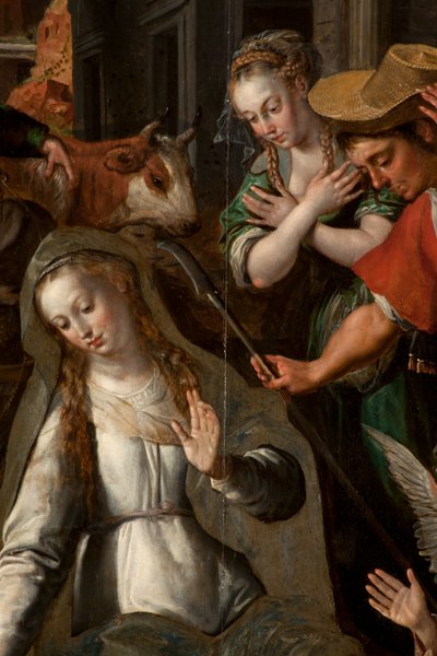 Adoración de los Magos, Tríptico, Panel central, (detalle) de Maarten de Vos