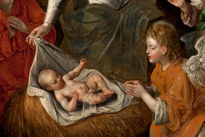 Adoración de los Magos, Tríptico, Panel central, (detalle) de Maarten de Vos