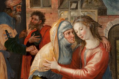 Adoración de los Magos, Tríptico, Panel izquierdo: Vida de la Virgen María (detalle) de Maarten de Vos