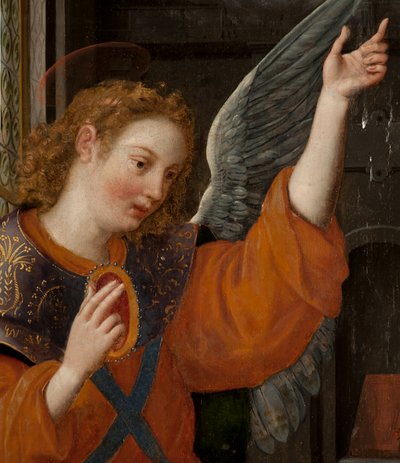 Adoración de los Magos, Tríptico, Panel izquierdo, parte trasera (detalle) de Maarten de Vos