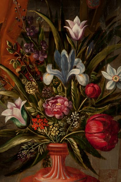 Adoración de los Magos, Tríptico, Panel izquierdo, parte trasera, (detalle) de Maarten de Vos