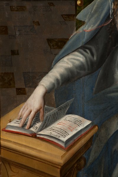 Adoración de los Magos, Tríptico, parte trasera del panel derecho, detalle, pintura sobre madera de Maarten de Vos