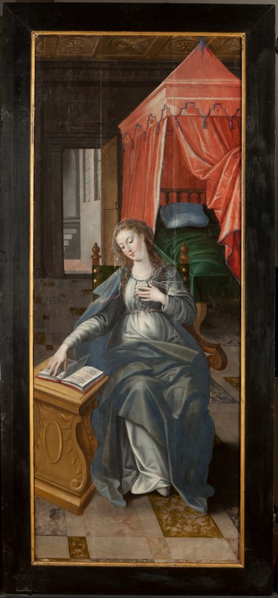 Adoración de los Magos, Tríptico, parte trasera del panel derecho, pintura sobre madera de Maarten de Vos