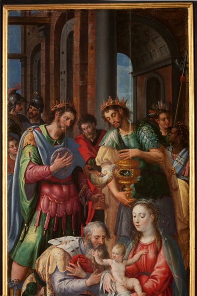 Adoración de los Magos, Tríptico, Panel derecho, detalle de Maarten de Vos