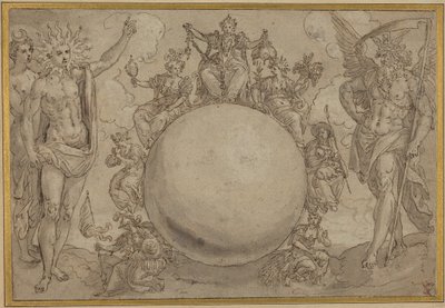 Apolo, Diana y el tiempo con las vicisitudes cíclicas de la vida humana, c.1561 (pluma y tinta marrón con aguada gris sobre trazos de grafito, incisión para transferencia sobre papel verjurado) de Maarten de Vos
