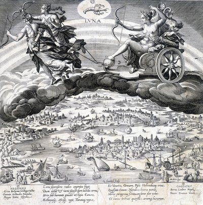 Luna: alegoría de la Luna (Diana) y el Escorpio que está bajo su influencia (signo del Zodiaco) - grabado por Maaerten de Vos (Martin de Vos, Marten de Vos) (1532-1603) de Maarten de Vos