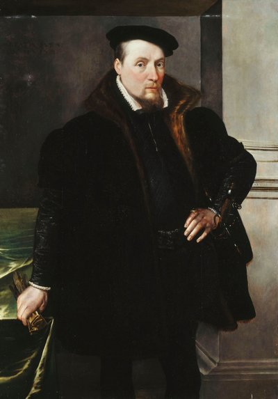 Retrato de un Caballero, tres cuartos de longitud, con un Abrigo Negro con Forro de Piel, 1551 de Maarten de Vos