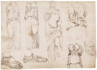 Figuras femeninas y sandalias, c.1498-1574 (tiza roja, pluma y tinta marrón) de Maarten van Heemskerck (circle of)