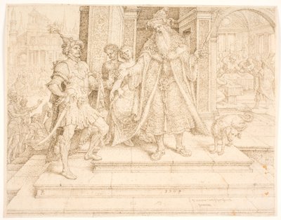 Asuero entregando el anillo de sello a Amán de Maarten van Heemskerck